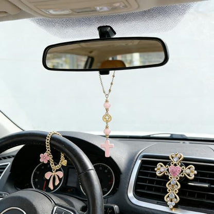 3 Pcs Christian Car Accessories for Women - Rear View Mirror Cross, Steering Wheel Rosary Charm & Air Vent Clip - Cute Girly Bling Car Decor (Pink)