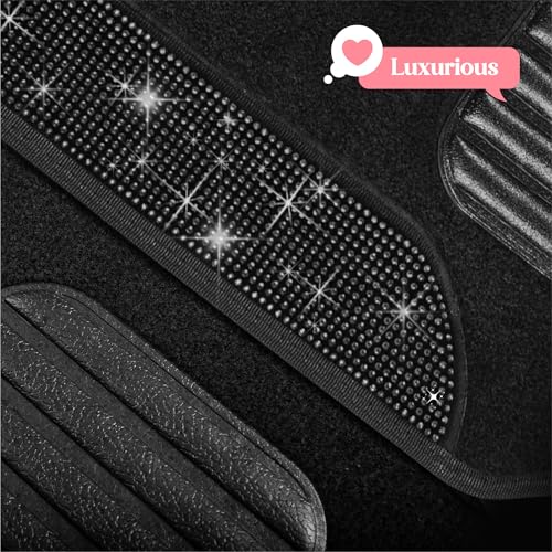 Carbella Diamond Bling Car Mats 4-Piece Set, Shiny Rhinestone Crystal Carpet Car Floor Mats, Two-Tone Floor Mats for Cars, Cute Automotive Interior Car Accessories for Women (Black)