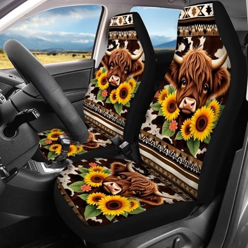 4 Pcs Aztec Highland Cow Car Seat Covers Full Set Highland Cow Sunflowers Auto Front Rear Seat Protector Aztec Tribal Car Accessories Set for Women Men Universal Vehicle Bucket Seats Covers - color: Aztec Highland Cow