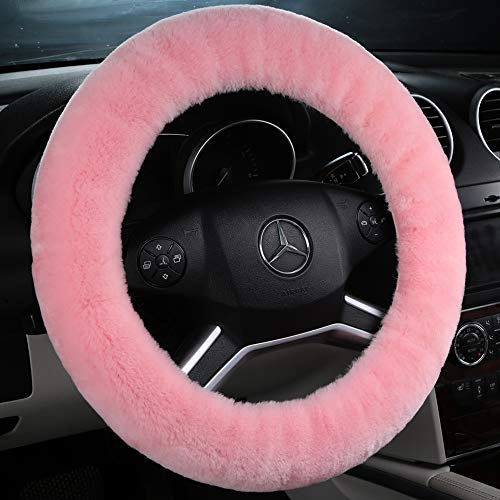 Natural Fur Wool Sheepskin car Steering Wheel Cover,Protector for Universal Steering Wheel 15 Inchs, Anti-Slip,Comforting and Luxurious, Soft Texture, Gift for Women (Korean Pink) - color: Korean Pink