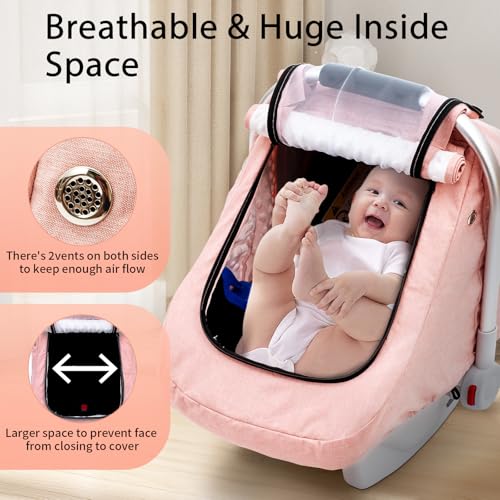 Waterproof Car Seat Cover Baby, 3D Mink Dot Infant Car Seat Cover with 2 Breathable Vents, Universal Carseat Canopy for Girls Boys, Baby Carrier Cover for All Seasons, Protect from Sunlight Rain - color: Pink