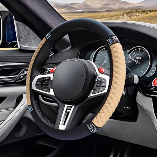 Bling Soft Leather Steering Wheel Cover, 15" Anti-Slip Sparkly Crystal Auto Elastic Steering Wheel Protector for Women Girl, Colorful Diamond Car Interior Accessory for Most Cars (Beige) - color: Beige