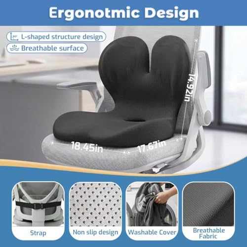 Memory Foam Seat Cushion,Orthopedic Ergonomic Seat Cushions for Tailbone,Sciatica, and Back Pressure Relief,L-Shaped Design & Adjustable Strap,Lumbar Support Pillow for Office,Car,Desk Chair