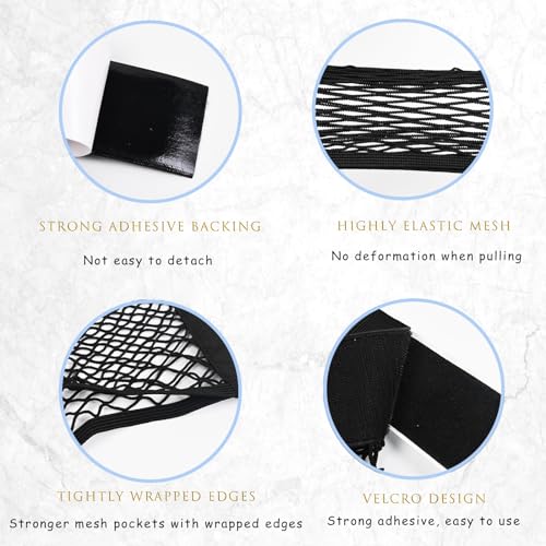 2PCS Universal Car Cargo Net with Adhesive Tape, 9.8×15.7in Trunk Storage Mesh Pocket Wall Mount Organizer Bag for Car RV SUV Boat Truck Camper Van Trailer (Black)