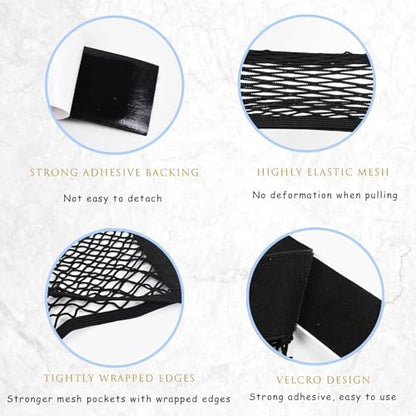 2PCS Universal Car Cargo Net with Adhesive Tape, 9.8×15.7in Trunk Storage Mesh Pocket Wall Mount Organizer Bag for Car RV SUV Boat Truck Camper Van Trailer (Black)