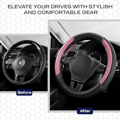 Skechers Air-Cooled Steering Wheel Cover,Leather Car Steering Wheel Cover Universal Fit 14" 1/2-15" Car Wheel Protector for Men Women Fit Suvs,Vans,Sedans,Car,Trucks,Pink - color: Pink
