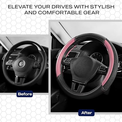 Skechers Air-Cooled Steering Wheel Cover,Leather Car Steering Wheel Cover Universal Fit 14" 1/2-15" Car Wheel Protector for Men Women Fit Suvs,Vans,Sedans,Car,Trucks,Pink - color: Pink