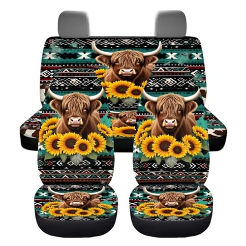 Aztec Highland Cow Sunflowers Car Seat Covers Full Set of 4 Pcs Aztec Highland Cow Car Accessories Set for Women Men Universal Auto Interior Seat Protector for Most Cars Truck SUV Van - color: Aztec Highland Cow Sunflower