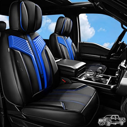 CAR PASS Nappa Leather Seat Covers, Breathable Waterproof Car Seat Covers Full Set, Luxury Leather Front and Back Seats Full Coverage, Universal Fit SUV Pick-up Truck Sedan Automotive(Black Blue) - color: Black Blue, size: Full Set Full Coverage
