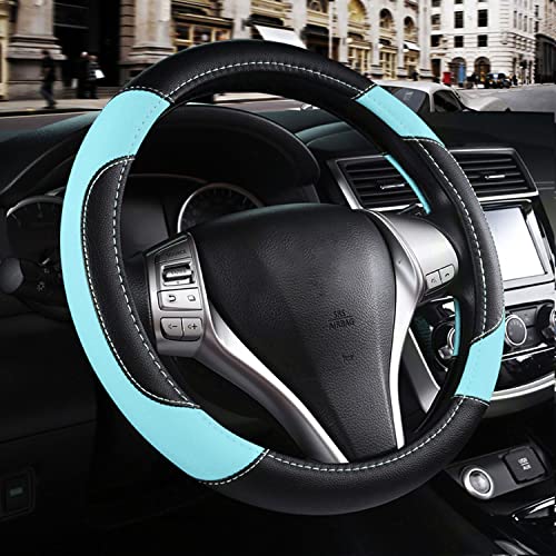 Leather Car Steering Wheel Cover, Non-Slip Car Wheel Cover Protector Breathable Microfiber Leather Universal Fit for Most Cars (Blue) - color: Light Blue