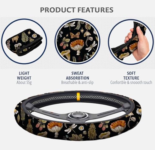 Woodland Fern Moth Dragonfly Mushroom Amanita Steering Wheel Cover, Car Cup Coasters & Quarter Keyring, Car Accessories Universal Fit 14.5-15 inch Wheel Auto SUV Sedan Vans Trucks - color: Dragonfly Mushroom