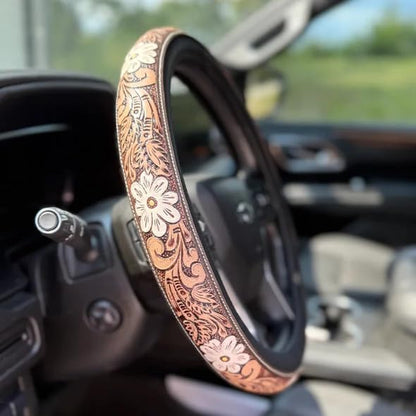 Western Steering Wheel Cover,Retro Western Cowboy Car Universal Steering Wheel Cover,Embossed Hand-Painted Leather Western Car Accessories, for Women Man, Anti-Slip Design Easy to Install (A) - color: A