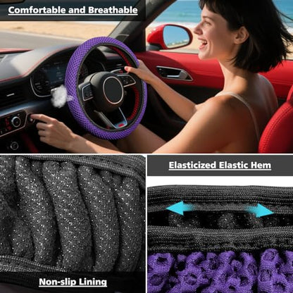 KAFEEK Elastic Stretch Steering Wheel Cover 15 Inch, Breathable Ice Silk Microfiber, Non-Slip Grip, Warm in Winter and Cool in Summer, Odorless, Car Accessories Fit Cars, SUVs, Purple - color: purple