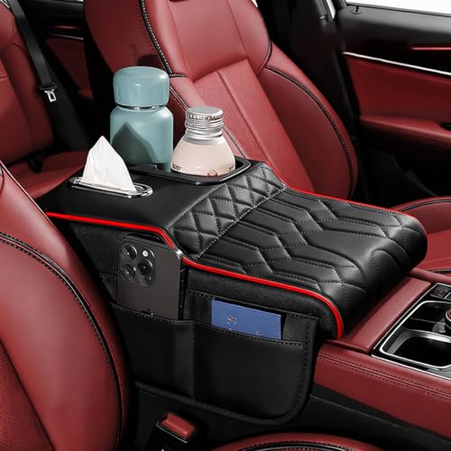 Upgraded Car Center Console Cover,PU Leather Car Armrest Cover Cushion Contains High Elasticity Sponge with 2 Storage Bags Tissue Box (Black RED-B) - color: BLACK RED-B