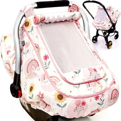 Waterproof Baby Car Seat Cover，YVMVDV Patented Cold Weather Carseat Cover for Babies,Infant Car Seat Cover Canopy for Boy Girls, Keeps Babies Warm and Cozy (Rainbow) - color: Rainbow-pink