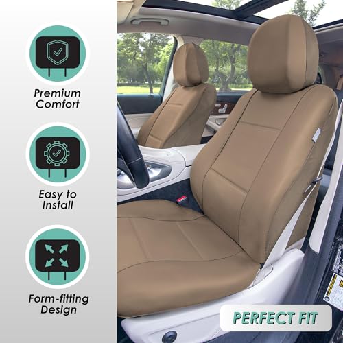 FH Group Car Seat Covers PU Leather 3 Row 7 Seater Car Seat Covers, Airbag Compatible and Split Bench - Fit Most Car, Truck, SUV, & Van Solid Tan - color: Beige, style: 7 Seater