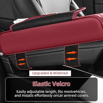 5 in 1 Car Center Console Cover, Armrest Pad with 2 Storage Pockets, Cup Holder, Tissue Slot, Phone Holder, Nappa Leather Memory Foam Car Accessories for SUV Sedan Truck (Burgundy)