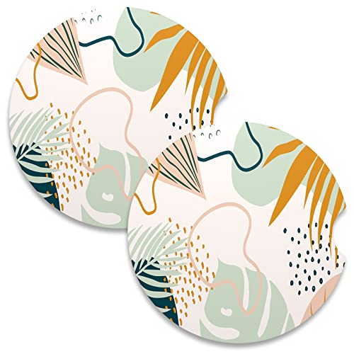 Car Coasters for Cup Holders, 2 Pack Absorbent Ceramic Car Cup Holder Coaster for Drinks, Cute Auto Assecories for Women Men, Size 2.56 in with Finger Notch & Cork Base, Boho Leaves - color: Boho Leaves