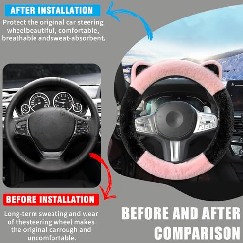 Car Steering Wheel Cover, Cute Steering Wheel Protector with Kitty Cat Ears,Fluffy Soft Plush for Winter Warm, Universal Fit 15 inches for Car,SUV, Elastic & Anti-Slip (Black/Pink) - color: Black/Pink