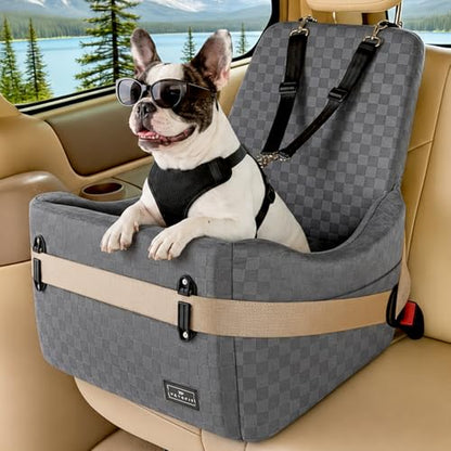 PETSFIT Dog Car Seat for Small/Medium Dogs Up to 35 lbs – Patented Safety System, 5" Memory Foam Pet Booster Car Seat, Fully Detachable and Washable Dog Carseat with 2 Storage Pockets (Grey) - color: Grey