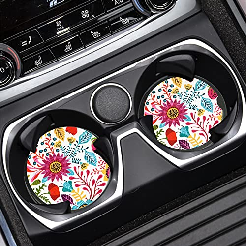 Sunflower Small 2.56" Absorbent Auto Coasters 2 Pack, Ceramic Car Accessories, Absorb Spills to Keep Cupholders Clean - color: Red and White