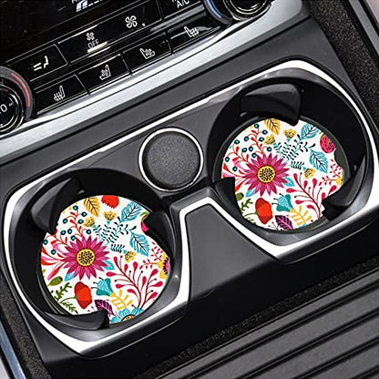 Sunflower Small 2.56" Absorbent Auto Coasters 2 Pack, Ceramic Car Accessories, Absorb Spills to Keep Cupholders Clean - color: Red and White