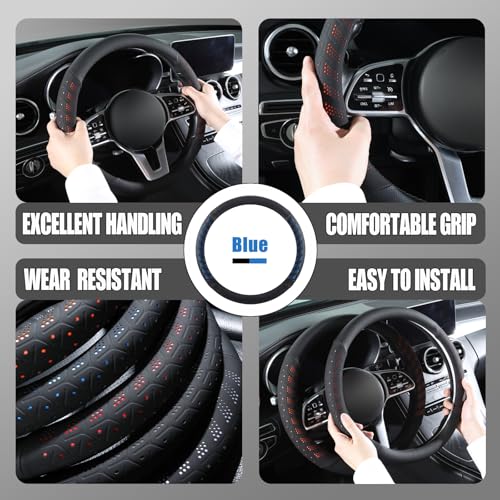 3D Premium Skin-Feel Leather Small Car Steering Wheel Cover, Anti-Slip Breathable Soft Slim Design, 13.5 inch to 14 inch, Black with Blue - color: Black with Blue, size: Round-Small[13.5''-14'']