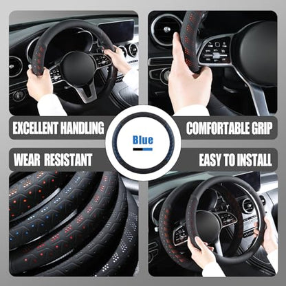 3D Premium Skin-Feel Leather Small Car Steering Wheel Cover, Anti-Slip Breathable Soft Slim Design, 13.5 inch to 14 inch, Black with Blue - color: Black with Blue, size: Round-Small[13.5''-14'']