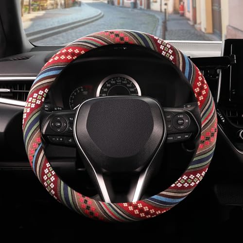 SEG Direct Boho Steering Wheel Cover with Baja Blanket Cloth, Ethnic Style Auto Wheel Cover Made of Coarse Flax, Fits 14 1/2-15 1/4 inches Car Wheel - color: Spring Flowers