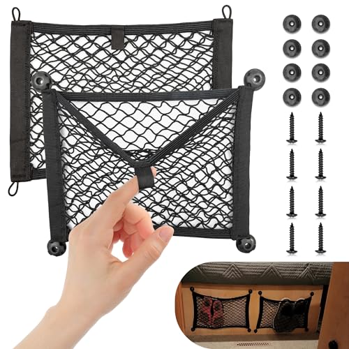 RED WOLF 2 Layer Small Mesh Cargo Net Elastic Storage Netting 2 Pcs Stretchable Car Organizer Net 14×10 Inch for Trunk RV Boats Home Auto Cargo Net Pocket with Screws and Hooks