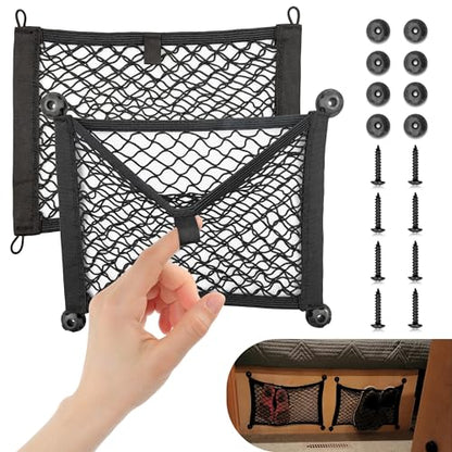 RED WOLF 2 Layer Small Mesh Cargo Net Elastic Storage Netting 2 Pcs Stretchable Car Organizer Net 14×10 Inch for Trunk RV Boats Home Auto Cargo Net Pocket with Screws and Hooks