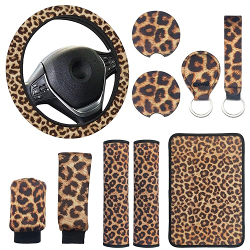 10 Pieces Leopard Print Printing Car Steering Wheel Cover Center Console Armrest Pad Headrest Seat Belt Cover Handbrake Cover Keychain Coaster Full Set Car SUV(Brown) - color: Brown