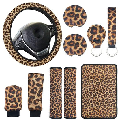 10 Pieces Leopard Print Printing Car Steering Wheel Cover Center Console Armrest Pad Headrest Seat Belt Cover Handbrake Cover Keychain Coaster Full Set Car SUV(Brown) - color: Brown