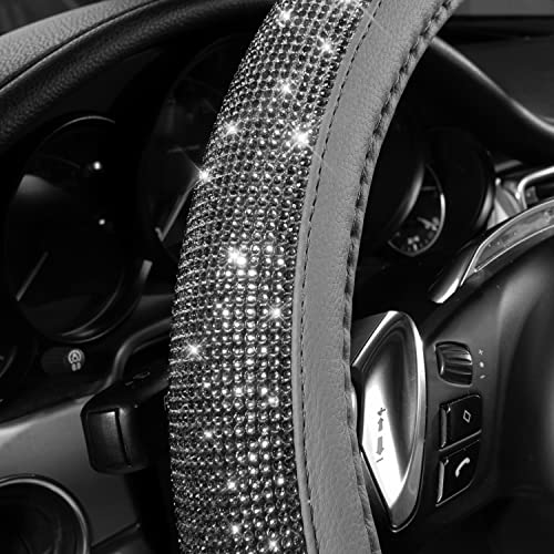 CAR PASS Bling Diamond Leather Steering Wheel Cover, with Bling Sparkly Crystal Glitter Rhinestones Universal Fit 14" 1/2-15" Car Wheel Protector for Women Girl Fit Suvs,Vans,Sedans,Cars,Trucks, Gray - color: Gray Diamond