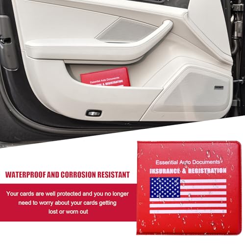 2 PCS Car Registration Insurance Holder, Waterproof Vehicle Glove Box Document Organizer with Closure, Auto Essential Cards Driver License Holder for Most Cars Trucks SUVs (Red, Blue Flag)