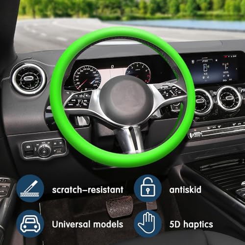 Car Steering Wheel Cover, 13 to 14.17 inches Non-Slip Silicone Steering Wheel Protector, Car Accessories Thin Soft Leather Texture Steering Wheel Protective Cover for Most Cars (Green) - color: Green