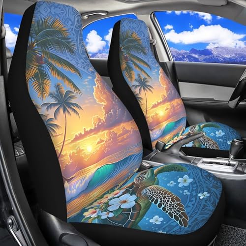 Dreaweet Tropical Themed Car Seat Covers Front Seats Only Universal 2 Piece Beach Sunset Turtle Print High Back Bucket Seat Covers for SUV Trucks Washable & Easy to Install - color: Beach Sunset Turtle