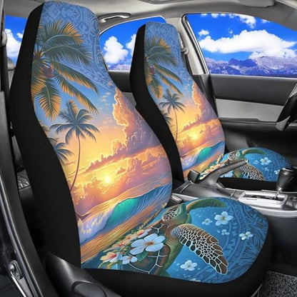 Dreaweet Tropical Themed Car Seat Covers Front Seats Only Universal 2 Piece Beach Sunset Turtle Print High Back Bucket Seat Covers for SUV Trucks Washable & Easy to Install - color: Beach Sunset Turtle