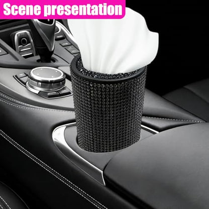 Craedli Bling Car Tissue Holder for Cup Holder, Sparkly Crystal Rhinestone Round Cylinder Car Tissue Box, Refillable Tissues Dispenser Auto Interior Paper Napkin Container with 1 Pack Tissues (Black) - color: Black