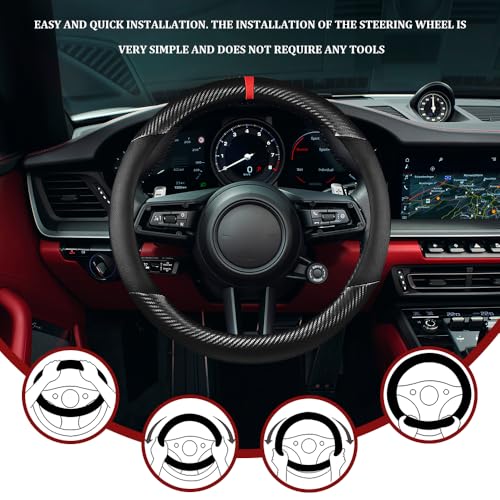Car Steering Wheel Cover, Steering Wheel Accessories, 15 Inch Microfiber Leather Carbon Fiber Soft Anti-Slip Breathable, Car Accessories Elastic Non-Slip Cover for Most Vehicles (Black) - color: Black