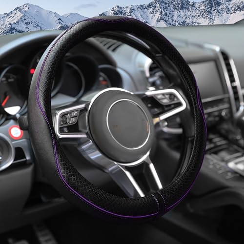Steering Wheel Cover,Car Accessories 14.5-15 Inch Leather Steering Wheel Cover,Anti-Slip Breathable Microfiber Leather Covers,Warm in Winter and Cool in Summer,Fit for Suvs (Black-Purple) - color: Black&Purple