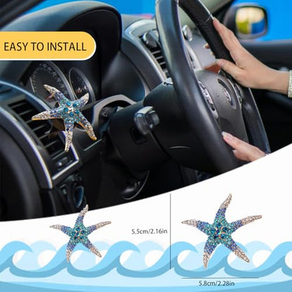 ORIESSE Beach Car Decor,Cute Coastal Car Vent Clips,Starfish Car Air Freshener,2pcs Ocean Themed Dashboard Accessories for Women Teens,Refillable Blue Rhinestone Diffuser