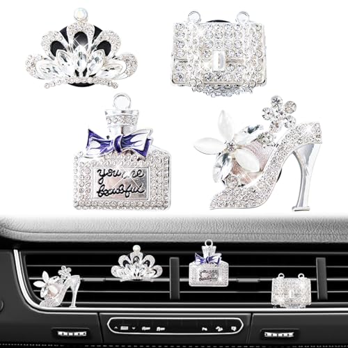 Rislobx 4PCS Bling Air Freshener Vent Clip, Crystal Diamond High Heel Shoe Bag Crown Perfume Bottle Car Diffuser Vent Clip Cute Bling Accessories Decoration for Women (Silver)