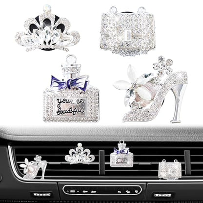 Rislobx 4PCS Bling Air Freshener Vent Clip, Crystal Diamond High Heel Shoe Bag Crown Perfume Bottle Car Diffuser Vent Clip Cute Bling Accessories Decoration for Women (Silver)