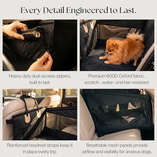 Dog Car Seat Cover with Hard Bottom – Back Seat Extender for Dogs Up to 35 lbs, Waterproof Non-Slip Hammock, Rigid Reinforced Base with Triple Security System, Storage Pockets, fits Cars SUVs Trucks