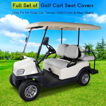 Golf Cart Seat Covers Full Set Front & Rear Kit for Club Car Tempo OEM, Premium Vinyl Leather Replacement Grey Cushion Covers, No Tools Needed & Easy to Clean - color: Gray, size: Fit Club Car Tempo OEM Seat