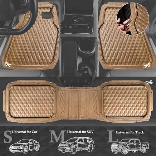 CAR PASS Heavy Duty Rubber Car Mats, Deep Dish All-Weather Floor Mat for Car Full Set Durable Anti-Slip 3D Rhombus Waterproof Trim to Fit Liner Universal Fit Automotive,Sedan,SUV,Truck, 3 Piece Beige - color: light beige