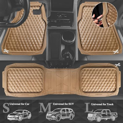 CAR PASS Heavy Duty Rubber Car Mats, Deep Dish All-Weather Floor Mat for Car Full Set Durable Anti-Slip 3D Rhombus Waterproof Trim to Fit Liner Universal Fit Automotive,Sedan,SUV,Truck, 3 Piece Beige - color: light beige