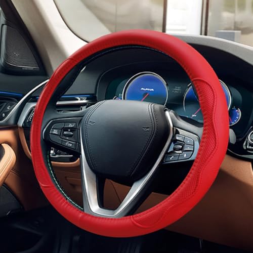 Car Steering Wheel Cover, 15 Inch Leather Anti-Slip Breathable Automotive Steering Wheel Protector, Universal Heat Resistant Vehicle Interior Accessories Cars, SUVs, Trucks(Red) - color: Red