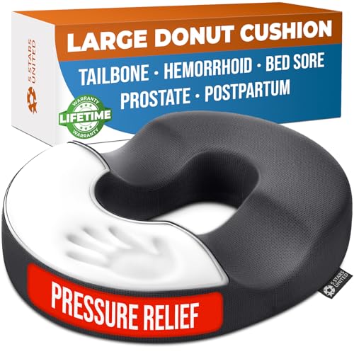 5 STARS UNITED Donut Pillow for Tailbone Pain & Hemorrhoids – Large Memory Foam Seat Cushion for Bed Sore-Prone Areas & Pressure Relief – Prostate, Postpartum & Pregnancy Support, Gray Mesh Cover - color: Dark Gray